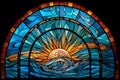 Church Sun stainglass window, Arch Shape.Generative AI Royalty Free Stock Photo