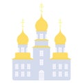 Church. Temple with golden domes decorated with crosses. Purple building. Color vector illustration. Isolated background.