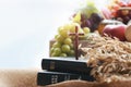 Thanksgiving fruit decoration and background with cross and bible