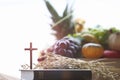 Thanksgiving fruit decoration and background with cross and bible