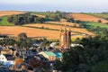 Church in Totnes against countryside in England