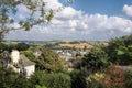 Church in Totnes against countryside in England