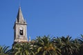 Church Tower With Bell And Clock With Palm Trees Foreground. Catholic Cathedral Facade Against Clear Blue Sky. Cathedral In Spain.