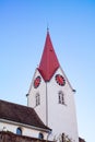 Church tower with clock low angle view cloudless blue sky in Hongg Zurich city Switzerland Royalty Free Stock Photo