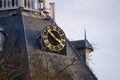 Church tower clock that shows the time and sounds loud to lure churchgoers. afternoon time of almost 4 o\'clock.