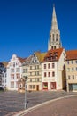 Church tower and colorful houses on the market square of Merseburg