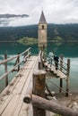 Church tower of Lago di Resia in Curon Venosta Royalty Free Stock Photo