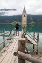 Church tower of Lago di Resia in Curon Venosta Royalty Free Stock Photo