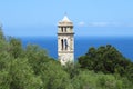 Church tower of a small coastal village by the sea, France Royalty Free Stock Photo