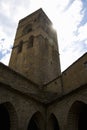 Church Tower at Plaza Mayor, in Ainsa, Huesca, Spain in Pyrenees Mountains, an old walled town with hilltop views of Cinca and Ara Royalty Free Stock Photo