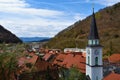 Church tower and the town of Trzic in Gorenjska