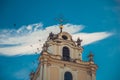 Church tower in Vilnius, birds flying, evening time Royalty Free Stock Photo