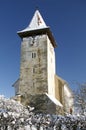 Church tower in winter transylvanian village Royalty Free Stock Photo