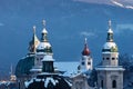 Church towers of the Salzburger Dom in winter, Salzburg, Austria