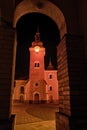 Church at town Ruzomberok Slovakia illuminated in red due event Red Wednesday 2020 Royalty Free Stock Photo