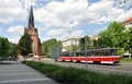Church and tram, city of Brno, Czech Republic, Europe