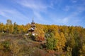 Church of the Transfiguration of the Lord in the Baikal Port in autumn, Russia