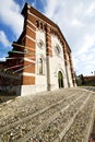 church in the varano borghi old closed brick tower sidewal