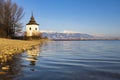 Church of Virgin Mary in Havranok and lake Liptovska Mara, district Liptovsky Mikulas, Slovakia Royalty Free Stock Photo