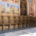 A church walls in the Rila monastery, Bulgaria. Religious frescoes on the Bible treatises, paintings on the wall