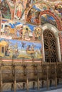 A church walls in the Rila monastery, Bulgaria. Religious frescoes on the Bible treatises, paintings on the wall