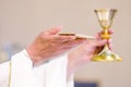 Chalice with wine, blood of christ, and pyx with bread, body of christ, ready for the communion of the faithful