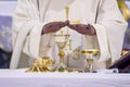 Chalice with wine, blood of christ, and pyx with bread, body of christ, ready for the communion of the faithful Royalty Free Stock Photo