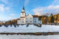 Church in winter with snow and blue sky in Iveland Norway Royalty Free Stock Photo