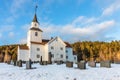Church in winter with snow and blue sky in Iveland Norway Royalty Free Stock Photo
