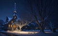 church in winter snowy night on christmas and new year evenings