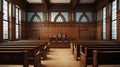 A church with wooden pews and stained glass windows. Generative AI image. Royalty Free Stock Photo