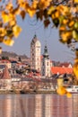 Churchs towers in Krems town with Danube river during autumn in Wachau valley, Austria