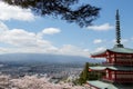 Chureito pagoda and cherry blossom as foreground and mount fuji as background