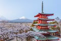 Chureito Pagoda and Mount Fuji during the cherry blossoms