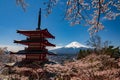 Chureito Pagoda and Mt. Fuji in the spring time with cherry blossoms at Fujiyoshida, Japan. Mount Fuji is Japan tallest mountain Royalty Free Stock Photo