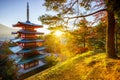 Chureito Pagoda with sun flare, Fujiyoshida, Japan