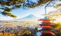 Chureito pagoda in sunset light with Fuji mountain, the most famous red pagoda in Fujiyoshida,Yamanashi, Japan. Royalty Free Stock Photo