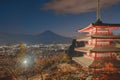 Chureito Pagoda Temple with red maple leaves or fall foliage in autumn season. Colorful trees, Fujiyoshida, Japan. Nature Royalty Free Stock Photo