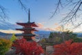 Chureito Pagoda Temple with red maple leaves or fall foliage in autumn season. Colorful trees, Fujiyoshida, Japan. Nature Royalty Free Stock Photo