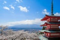 Chureito red Pagoda with beautiful Cherry Blossom or pink Sakura flower tree and Mount Fuji against blue sky. Spring Season at