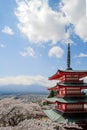 Chureito red Pagoda with beautiful Cherry Blossom or pink Sakura flower tree and Mount Fuji against blue sky. Spring Season at Royalty Free Stock Photo