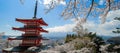 Chureito red Pagoda with beautiful Cherry Blossom or pink Sakura flower tree and Mount Fuji against blue sky. Spring Season at Royalty Free Stock Photo