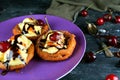 Churro Bowls with Vanilla Ice Cream, Salted Caramel Sauce and Cherries Royalty Free Stock Photo