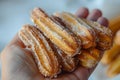 Churro Sticks in Hand, Churros Pastry, Fried Spanish Dessert, Churro Sticks Closeup, Copy Space