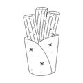 Churros in hand drawn doodle style. Mexican snack. Vector illustration. Churros sticks in paper bag.