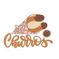 Churros lettering concept. Hand drawn lettering with churros stick in paper bag. Vector contour illustration.