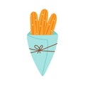Churros in a paper bag. Mexican snack. Hand drawn flat vector illustration.