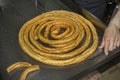 Churros preparation. Cutting the wheel