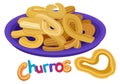 Churros served on plate. Spanish traditional sweet snack. Vector isolated illustration with lettering