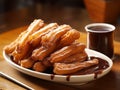 Churros: strips of sweet dough fried and sprinkled with sugar accompanied by a hot chocolate sauce